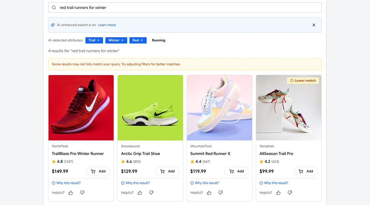 ИИ-поиск Example Shoppe для красных беговых кроссовок.